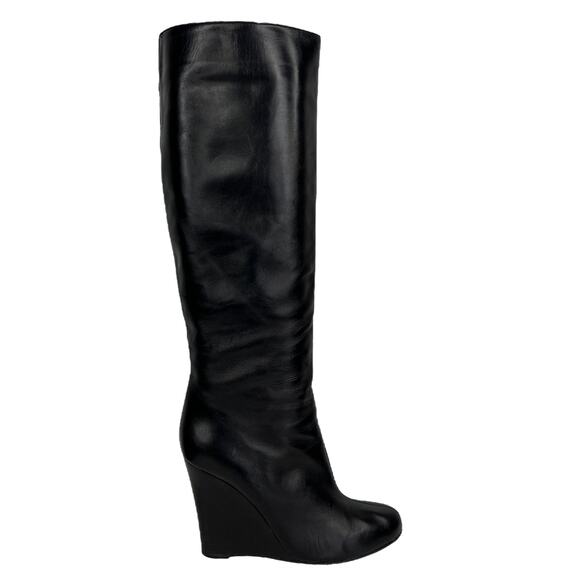 Valentino Garavani Black Leather Knee High Wedge Tall Boot 38.5 Women's Pull On - Picture 2 of 12
